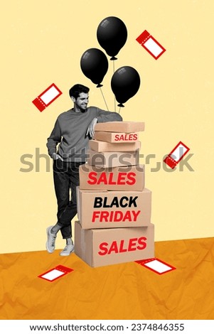 Fast shipment concept of black friday sales collage young guy received pile packages satisfied free coupons isolated on yellow background