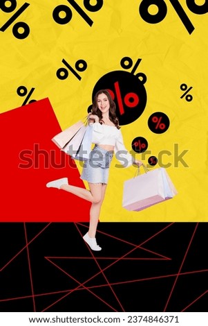 Collage retro sketch image of cool excited lady shopping big discounts day isolated yellow color background
