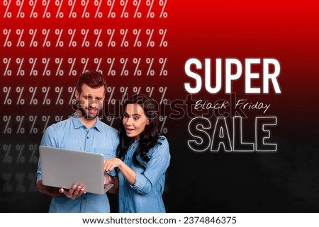 Collage of couple wearing same denim shirts choosing goods products for super black friday sale using computer isolated on red background
