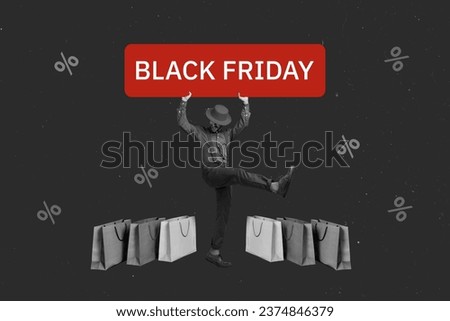 Collage minimal picture of excited funky lady guy rising black friday announcement isolated grey color background