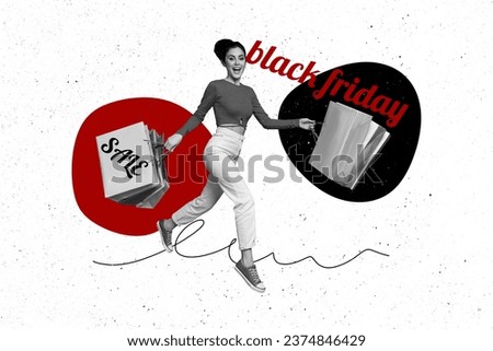 Collage billboard of young model girl wear casual outfit running with brand new bags from black friday in shopping mall on white background
