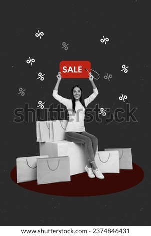 Vertical collage image of excited funky holding red sale price tag label sitting cube shopaholic poster isolated on gray color background