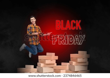 Full body length photo collage of young funny guy jumping pointing finger black friday poster pile carton boxes isolated on red background