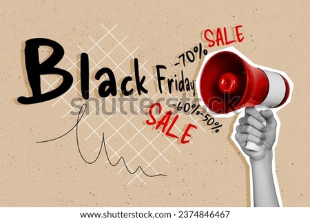 Banner poster billboard collage template of human hand announcement megaphone speech black friday soon isolated on beige background Royalty-Free Stock Photo #2374846467