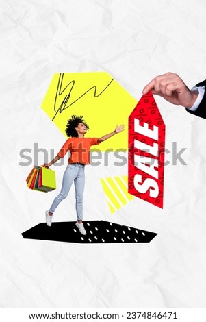 Creative vertical collage of funny young lady catch coupon for discount holding paper shopping bargain bags isolated on white background