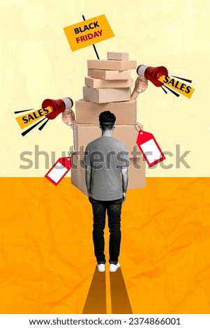 Rear view collage of man looking stack cardboards packed for him at black friday screaming loudspeakers isolated on yellow background