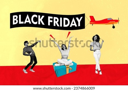 Collage of three people looking excited at flying plane with black friday banner buy faster exclusive goods isolated on yellow background