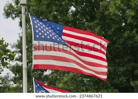 A waving American flag with trees in the background.