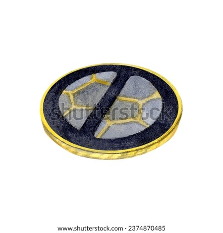 Watercolor drawing of collection football coin with ball picture in the center, grey, black and yellow pentagons. Illustration painted on white background. For logo banner icon cards leaflet stickers 
