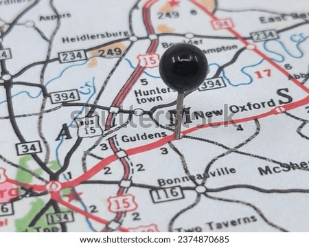 Black tack on vintage map of Guldens, Pennsylvania.