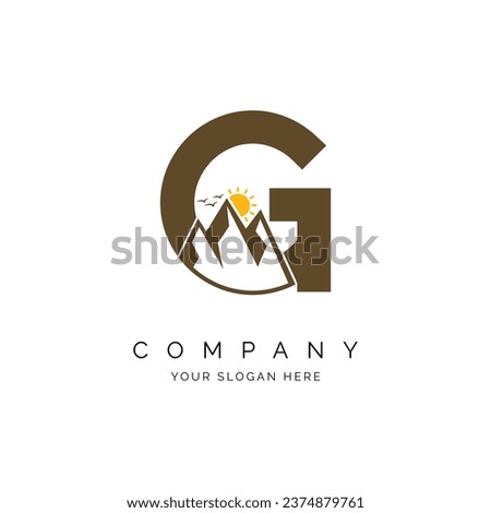 letter G with mountain logo inspiration, alphabet G with mountains, peaks, sun and birds concept design logo vector line pattern