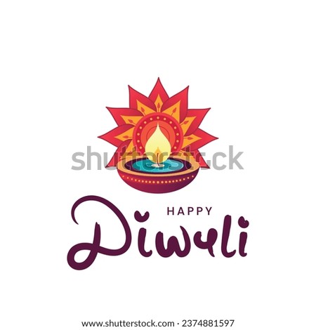 Happy diwali celebration text design with diya deepak vector illustration