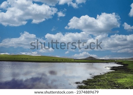 Perfect horizon view with water, green field, and clouded sky. Screensaver, wallpaper. Jujuy, Argentina.