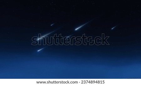 Shooting stars in the sky. Meteor stream at night. Meteorites glow on a dark background.