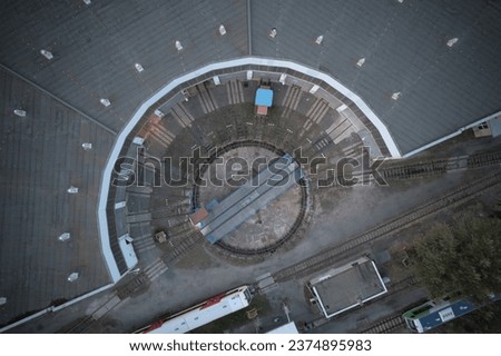 railway turntable or wheelhouse is a device for turning locomotives aerial panorama landscape view of train museum and railway station 