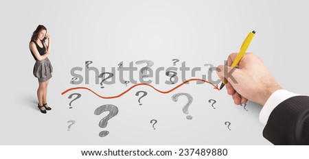 Business woman looking at question marks and solution path concept drawn by hand