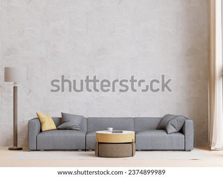 big white living room.loft interior design,gray and black sofa,wooden table,carpet ,concrete wall for mock up and copy space
