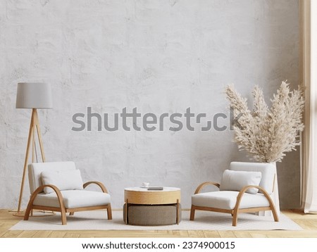 big white living room.loft interior design,big white chair,wooden table,floral in vase,lamp,carpet ,concrete wall for mock up and copy space Royalty-Free Stock Photo #2374900015