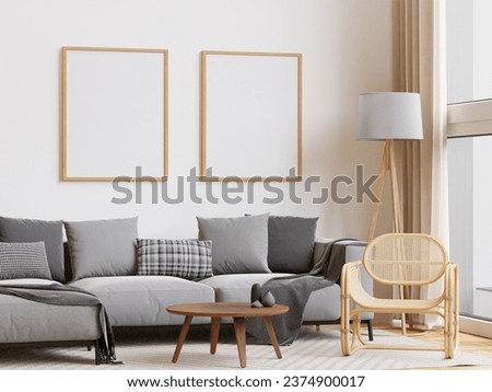 big white living room.interior design,gray and black sofa,wooden table,lamp,carpet ,frame  for mock up and copy space