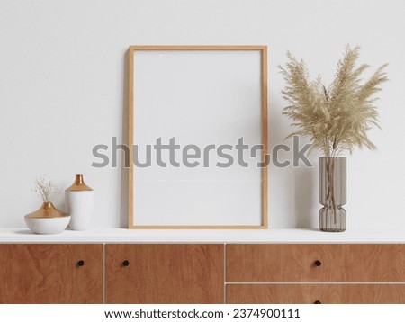 Living room on the white wall,clay vase for decoration on the sideboard minimal style ,frame form mock up