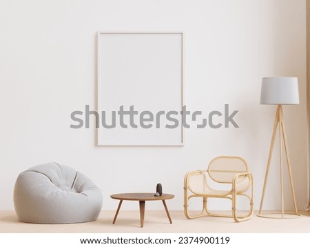 3D rendering minimal style living room with wooden floor ,white wall,big beanbag,big window,carpet,frame for mockup and copy space