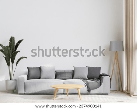 big white living room.interior design,graysofa,wooden table,carpet ,little tree,wall for mock up and copy space. Royalty-Free Stock Photo #2374900141