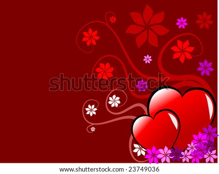 A Valentines background illustration with two red hearts surounded by pink flowers