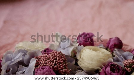 Floral natural background with blue gardenia, pink rose, white chrysanthemum close-up. Copy space, copy past, paste text
