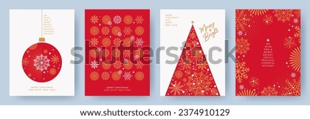 Merry Christmas and Happy New Year Set of greeting cards, posters, holiday covers. Xmas Design with beautiful snowflakes in modern line art style on red background. Christmas tree, border frame, decor Royalty-Free Stock Photo #2374910129