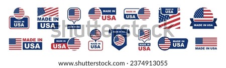 Made in USA labeling set. Collection of label made in USA. American product emblem. USA quality emblem. Vector illustration.