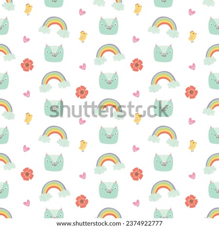 vector easter seamless pattern cute clipart: cat, rainbow, chicken, poppy flower, hearts, green red cartoon easter repeating tile spring clip art, fabric textile gift wrapping paper nursery wallpaper