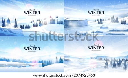 Vector illustration. Flat landscape. Snowy background. Snowdrifts. Snowfall. Clear blue sky. Blizzard. Cartoon wallpaper. Cold weather. Winter season. Design elements for web banner, website template Royalty-Free Stock Photo #2374923453