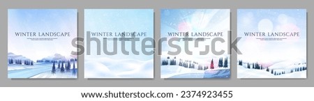 Vector illustration. Flat winter landscape. Snowy backgrounds. Snowdrifts. Snowfall. Clear blue sky. Blizzard. Snowy weather. Design elements for web banner, social media template. Blurred bokeh light Royalty-Free Stock Photo #2374923455