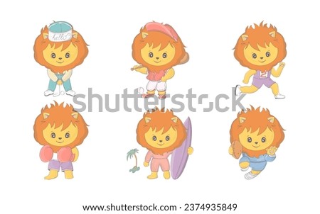 Set of Cartoon Isolated Lion. Collection of Cute Vector Cartoon Animal Illustrations for Stickers, Baby Shower, Coloring Pages, Prints for Clothes. 