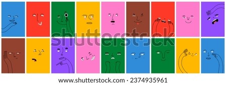 Diverse people face doing funny hand gesture and emotion. Colorful avatar design set, modern flat cartoon character collection in simple doodle art style for psychology concept or social reaction. Royalty-Free Stock Photo #2374935961
