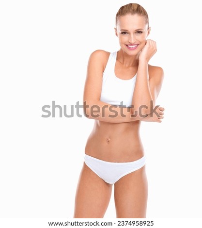 Woman, underwear and fitness, body and portrait with health and wellness isolated on white background. Skin, exercise and smile with transformation or change, nutrition and weight loss in studio
