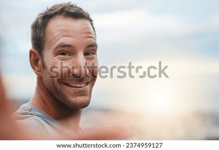 Portrait, smile or happy man in an outdoor selfie with confidence or freedom on holiday vacation. Face, sunrise space or person hiking in summer to travel or taking photograph or picture for memory