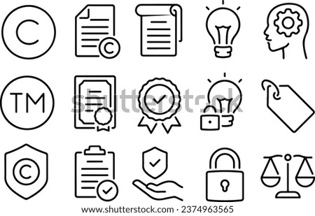 Icon set about patent, trademark, copyright, trade secret, intellectual property, and brand. Isolated on white or transparent background, monochrome vector illustrations. Royalty-Free Stock Photo #2374963565
