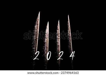 Happy new year 2024 colorful fireworks rockets new years eve. Luxury firework event sky show turn of the year celebration. Holidays season party time. Premium entertainment nightlife background