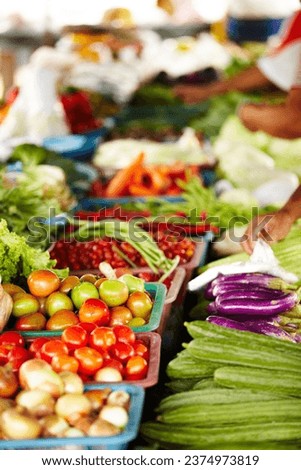 Vegetables, market and food or hands for shopping with trader goods, sustainable store and vendor. Seller, people or small business table with tomato, onion and green stock for organic marketplace