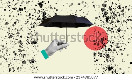 Collage with hand and umbrella as symbol of the insurance, care, and finance support. Protection and security concept