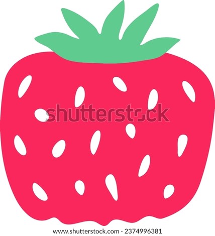 Hand drawn cartoon red strawberry. Berry icon has wide shape. Summer clip art in simple flat style. Childish image. Healthy, natural vegan dessert. Picture of juicy ripe food. Baby's cafe menu design.