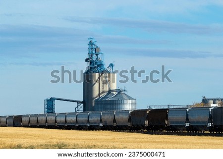 Rural scen in prairies - grain elevator and new train cars on the railway tracks in the autumn field under the blue sky. Royalty-Free Stock Photo #2375000471