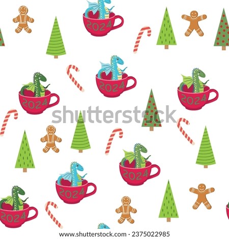 Seamless pattern with cute dragons Christmas design. Chinese New Year background with dragons for 2024.