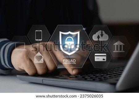 Fraud prevention button, concept about cybersecurity, credit card and identity protection against cyberattack and online thieves, phishing scam, mobile phone hacker, bank account threat and fraud.
