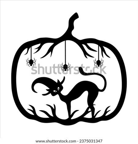 Black Cat in a Pumpkin, Halloween, Hand Drawn Vector Illustration