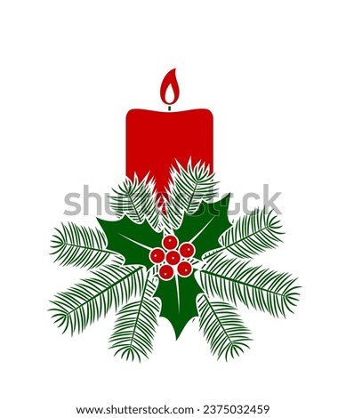 vector christmas candle with spruce twigs and holly isolated on white background