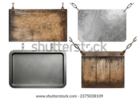 Set of different signboards with metal chains isolated on white