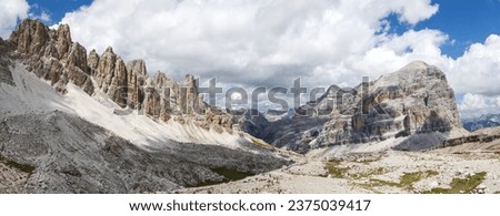 Valley Val Travenanzes and rock face in Tofane gruppe, Mount Tofana de Rozes, Alps Dolomites mountains, Fanes national park, Italy Royalty-Free Stock Photo #2375039417