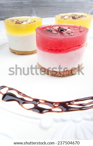 Sweet colourful fruit panna cotta with chocolate decoration